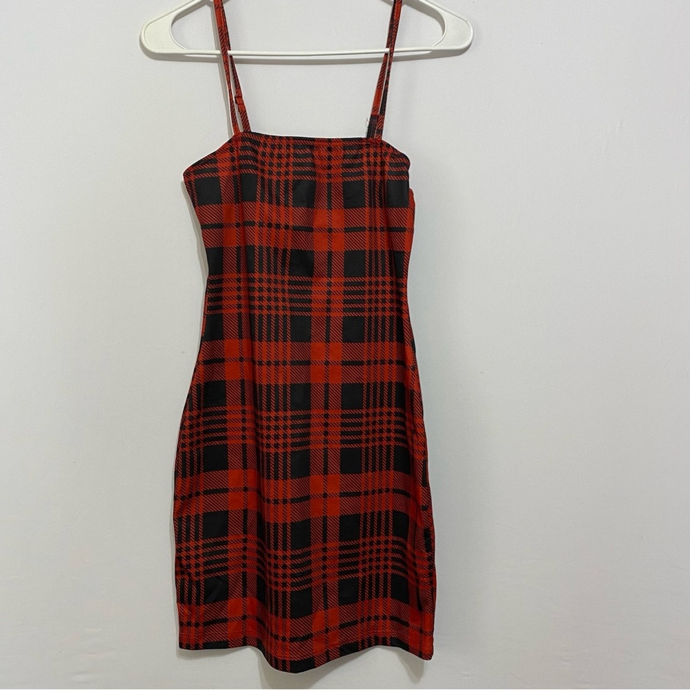 Shein Red Plaid Mini Dress XS Spaghetti Strap Grunge Skater